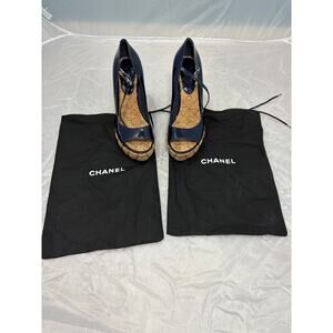 Chanel navy blue wedge heel size 7 with dust bags